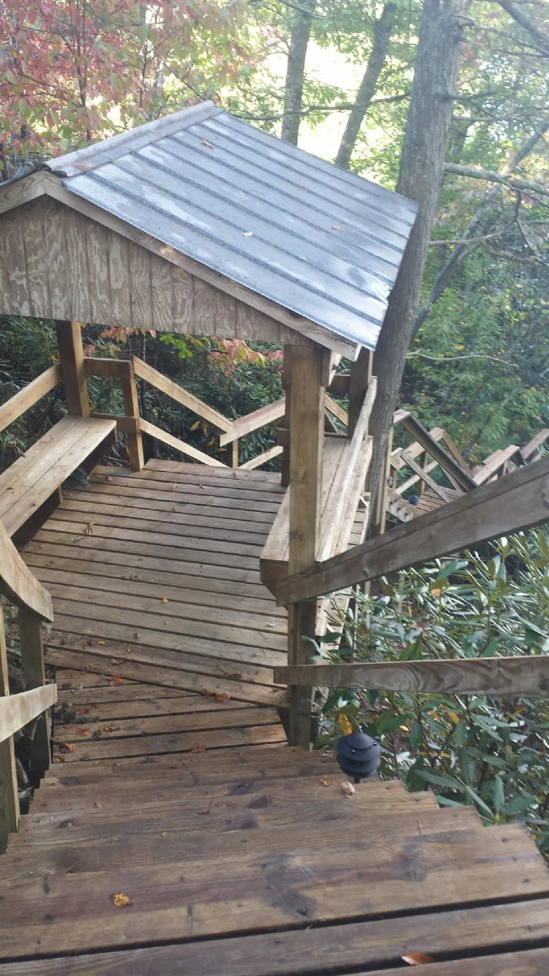 Metal roofed shelter over wooden steps on a wooded walkway — Skylight Repair & Installation work by our crew in Yountville